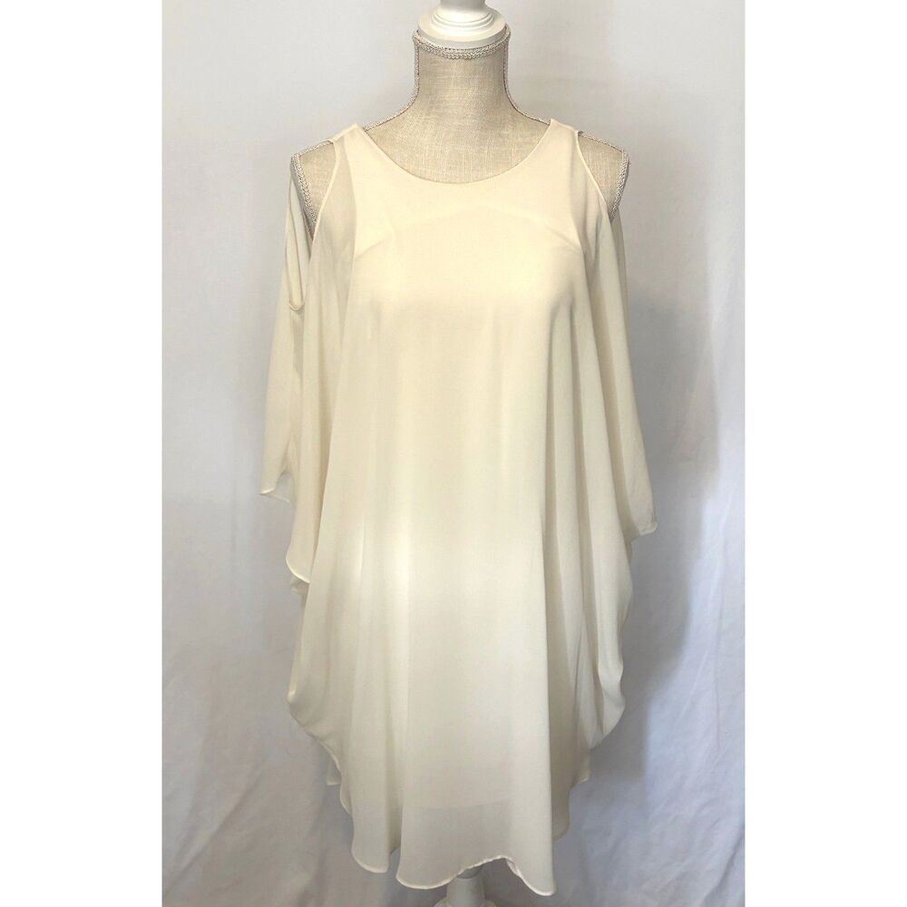 Halston Slowly Cold Shoulder Mini Dress Ivory Flowy Overlay Shift Dress Size 4